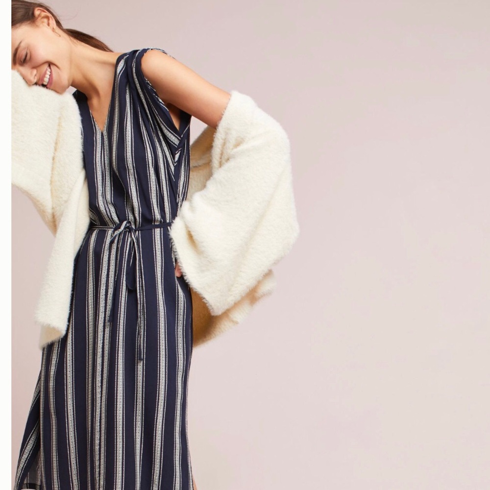 Anthropologie Pleated Navy and White Stripes Midi - Picture 1 of 3